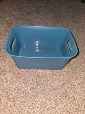 Blue Plastic Storage Bin Organizer w/ Handles Medium Desk Shelf Basket